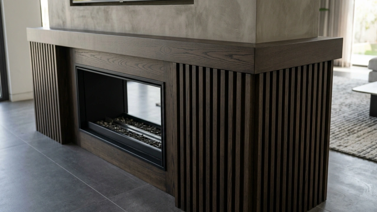 Minimalist dark ash wood fireplace surround and mantel.