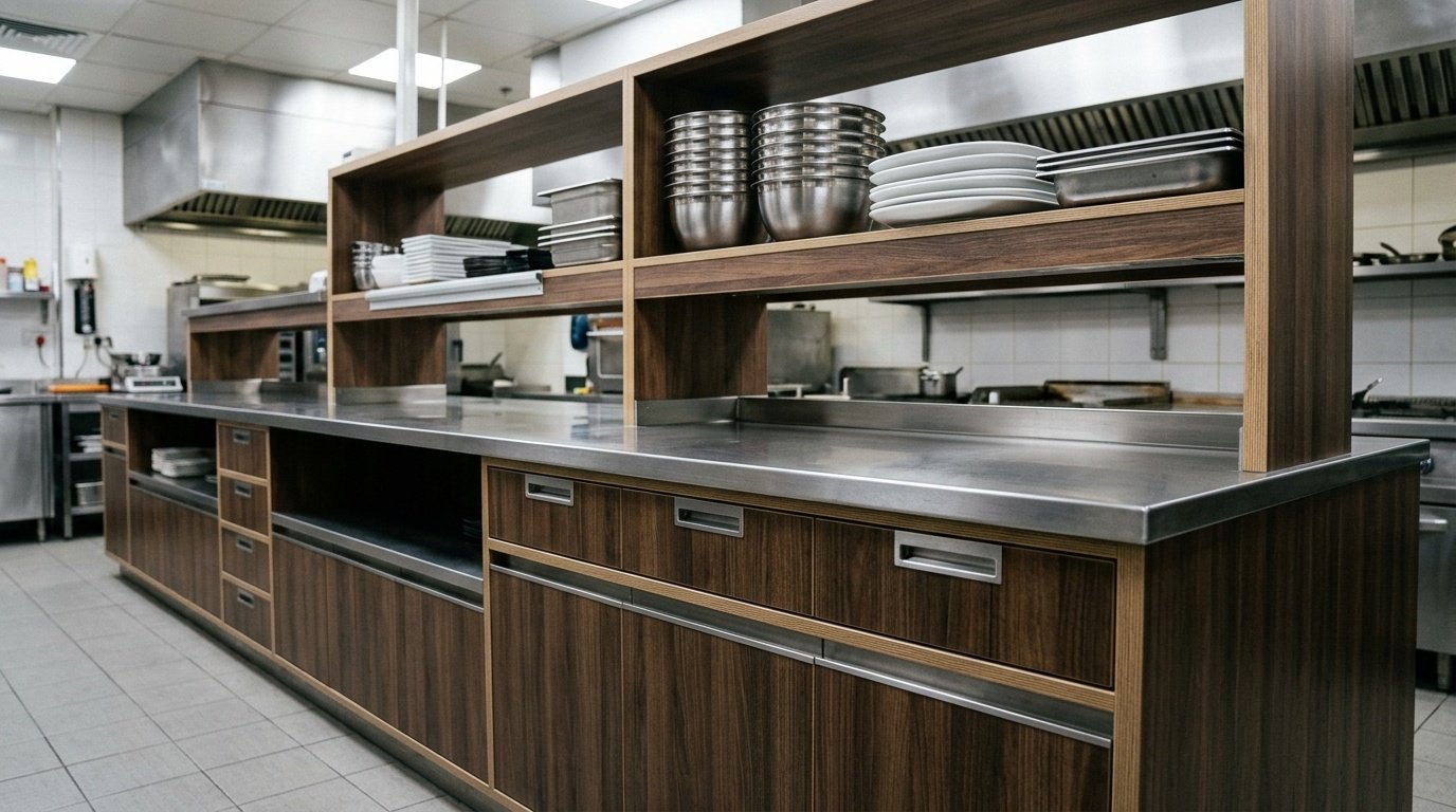 Hygienic and heavy-duty custom HPL cabinetry in a professional Sharjah restaurant kitchen.