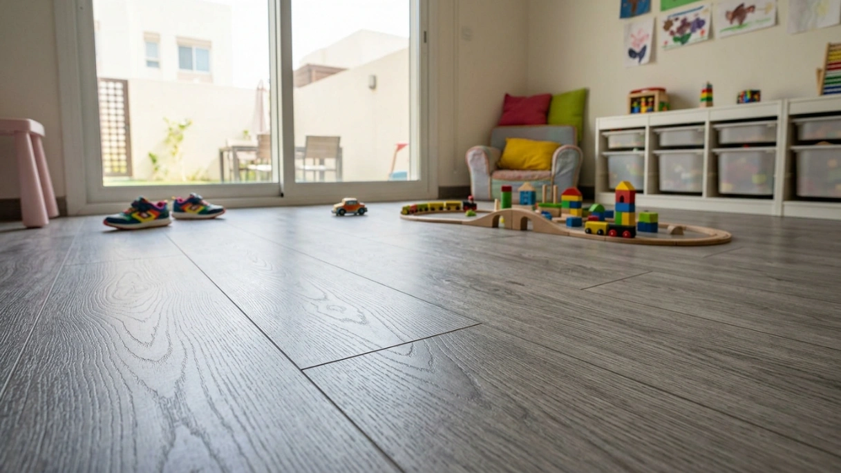 Durable AC5 laminate flooring installed in a kids' playroom in Mirdif, Dubai.