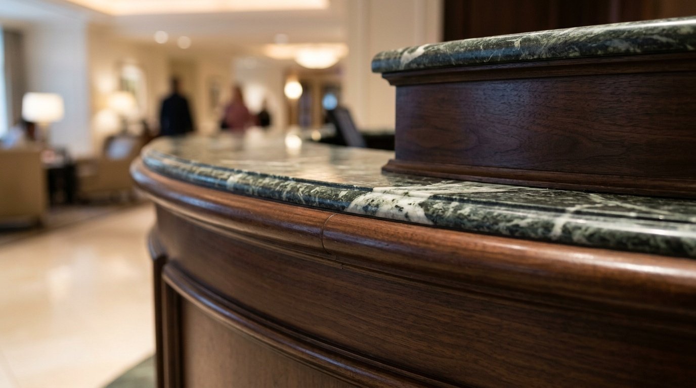 Clsoe-up of a durable, flawlessly maintained custom reception desk after years of use.