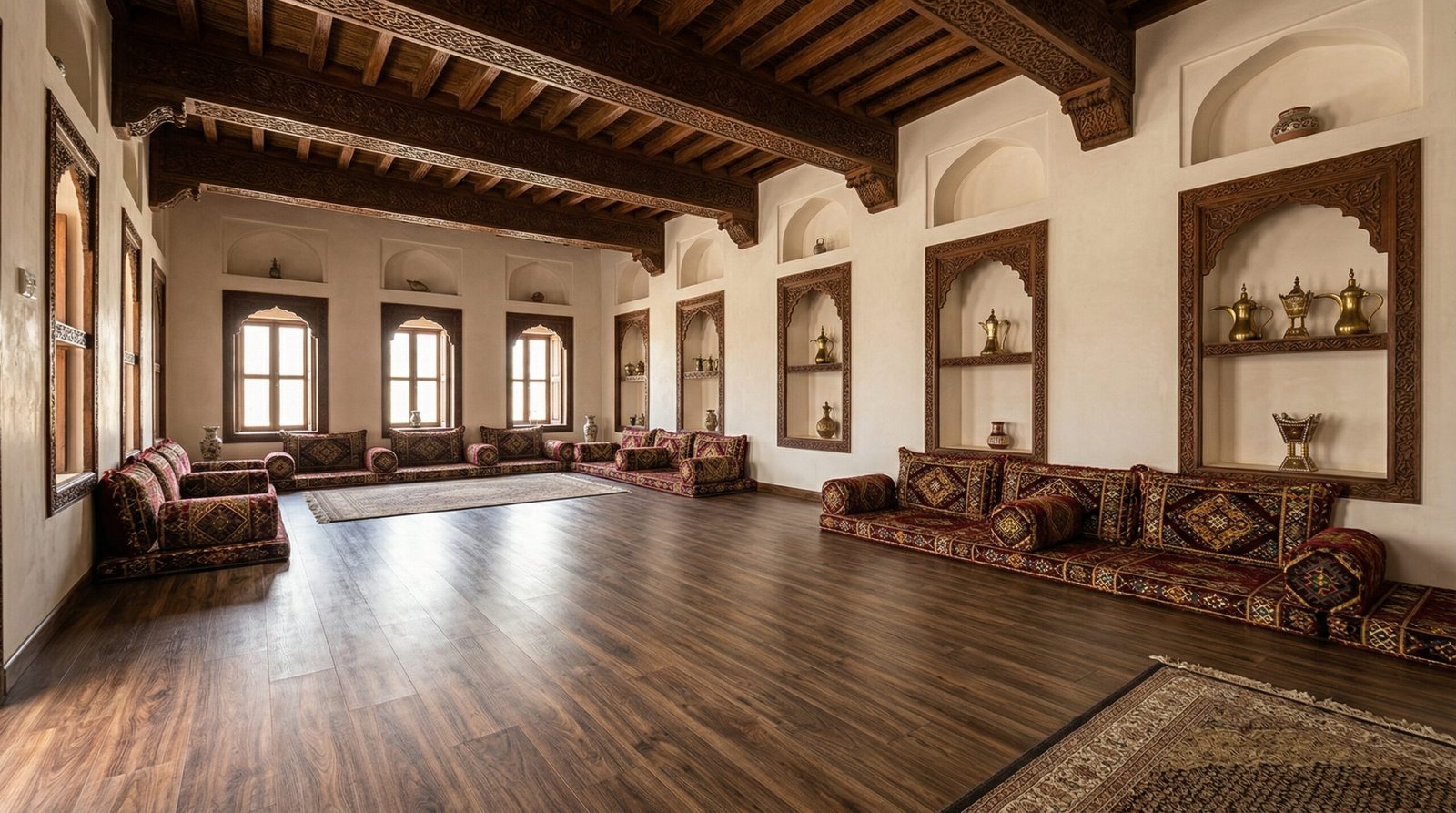 Durable LVT flooring and traditional carved woodwork in an Al Ain Majlis.