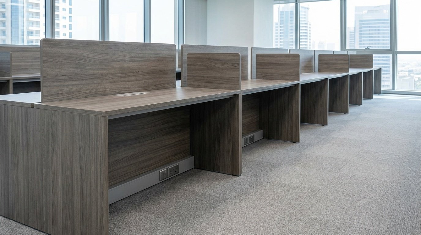 Grey oak MFC workstations and flooring integrated with floor-mounted data ports in a Dubai office.