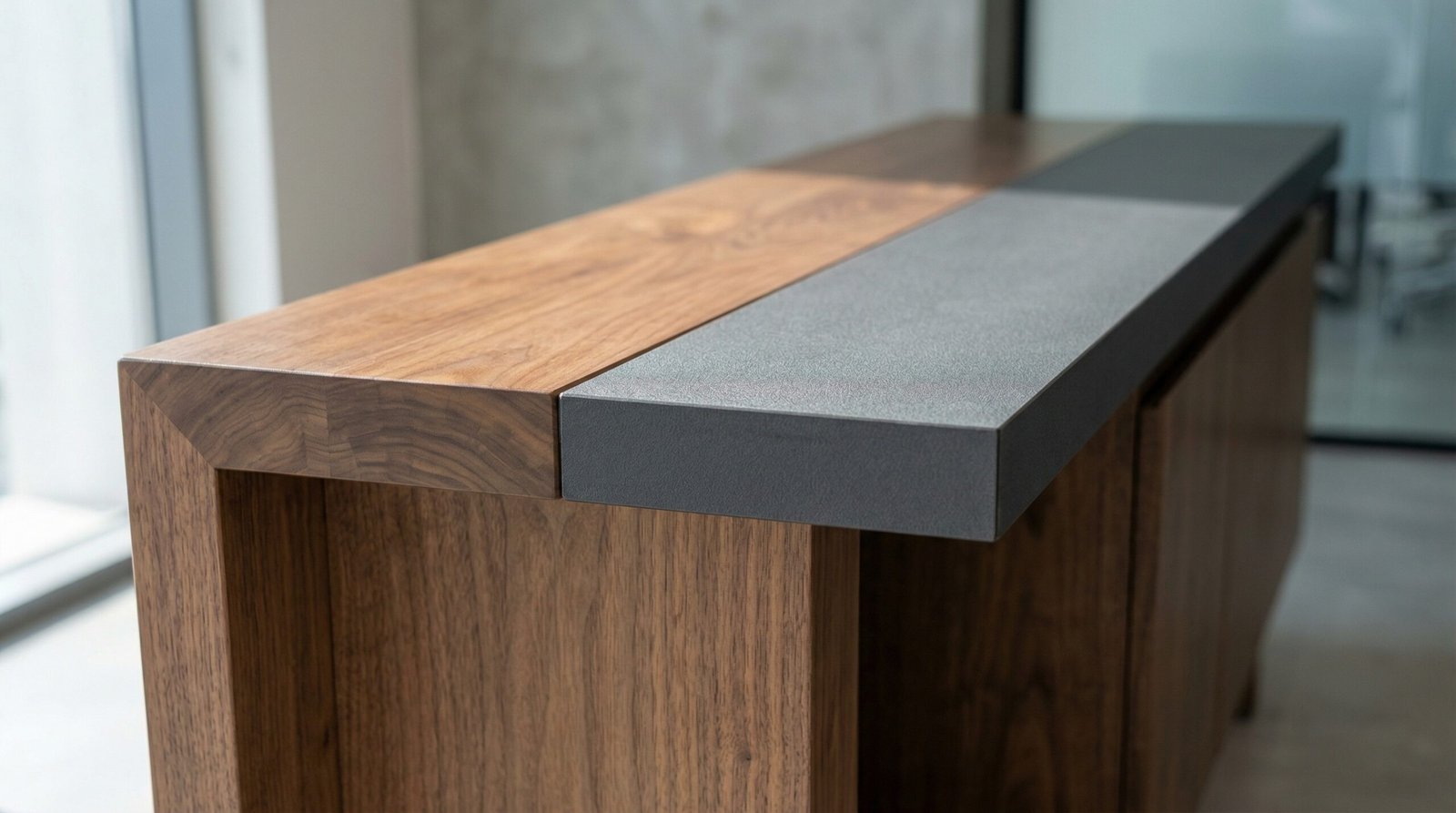 Close-up of durable solid wood edges and laminate surface on a built-in office credenza.
