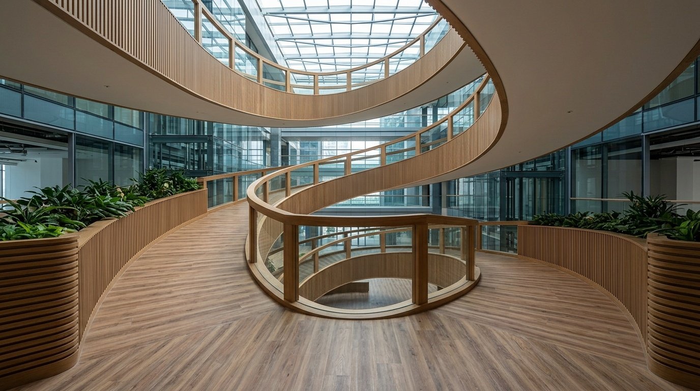 integrated wood-look LVT flooring on curving ramps in a three-story corporate atrium by Karnak Carpentry.