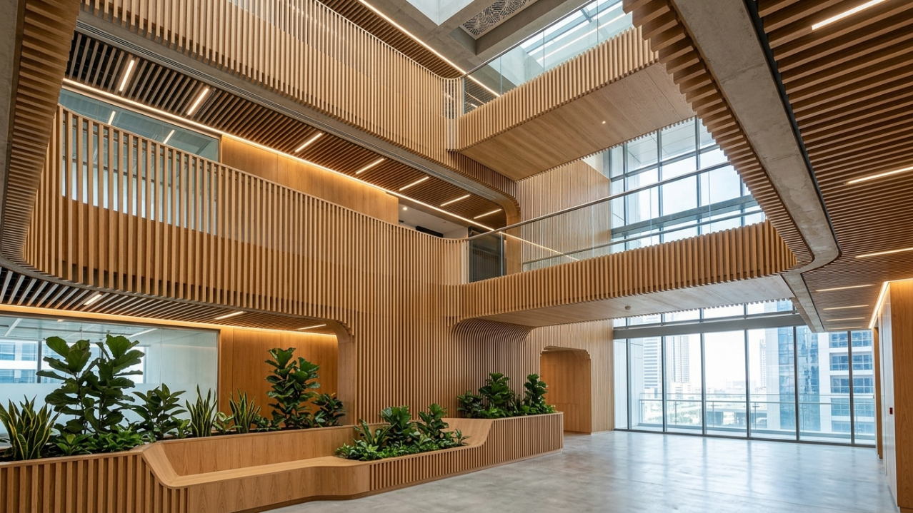 Integrated slatted wood paneling and planter boxes flowing across three levels in a dynamic corporate atrium.