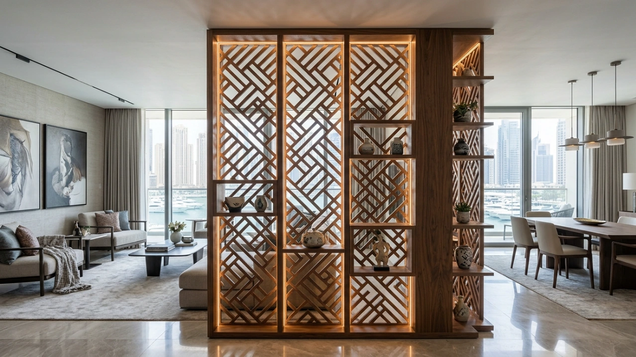 Dynamic geometric open-work wooden partition screen dividing a Dubai Marina penthouse living and dining area.