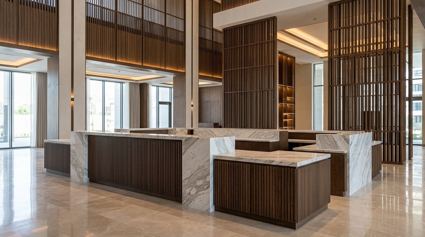 Large custom fluted oak and marble reception desk in a Dubai hotel lobby by Karnak Carpentry.