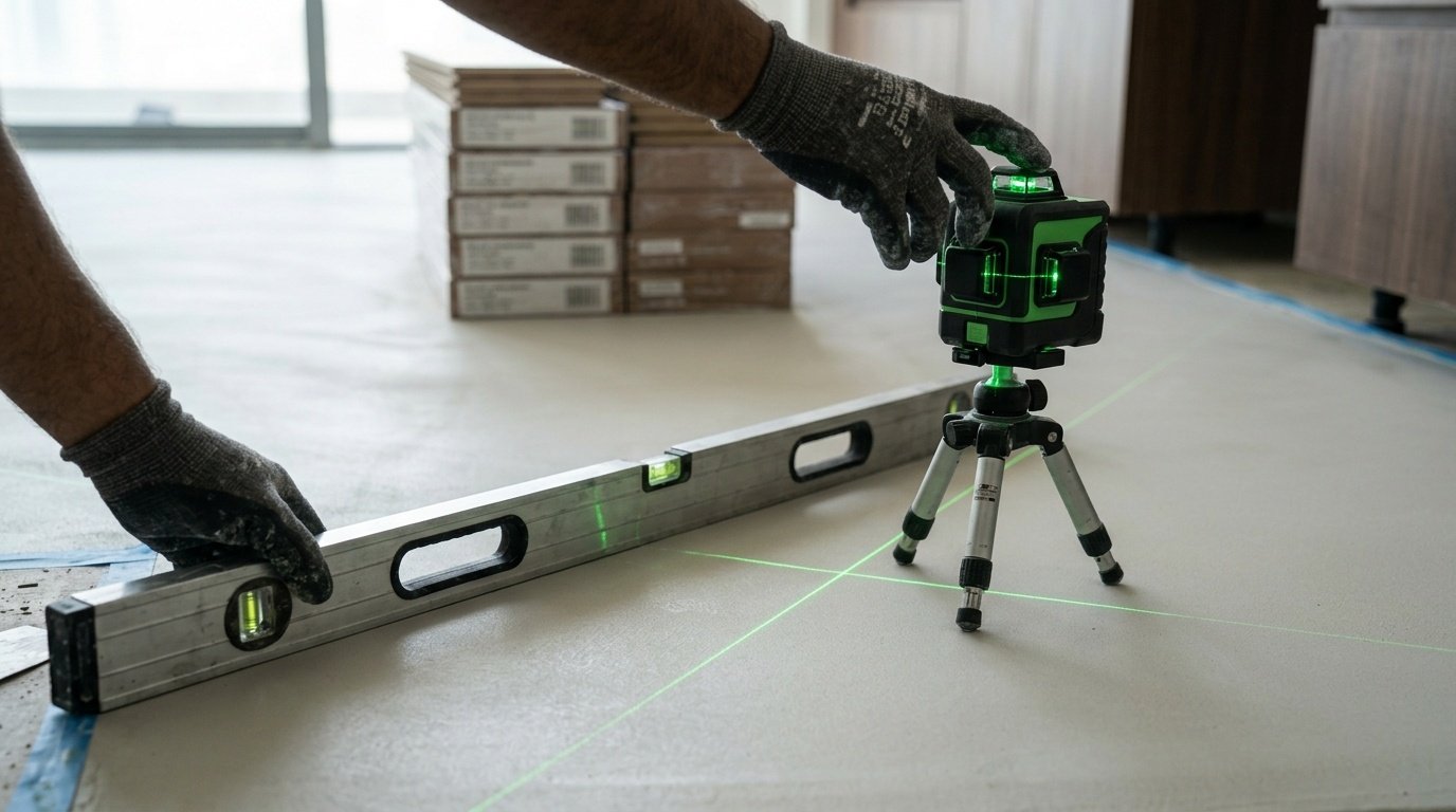 Technicians preparing and leveling a concrete subfloor with a laser level before flooring installation by Karnak.