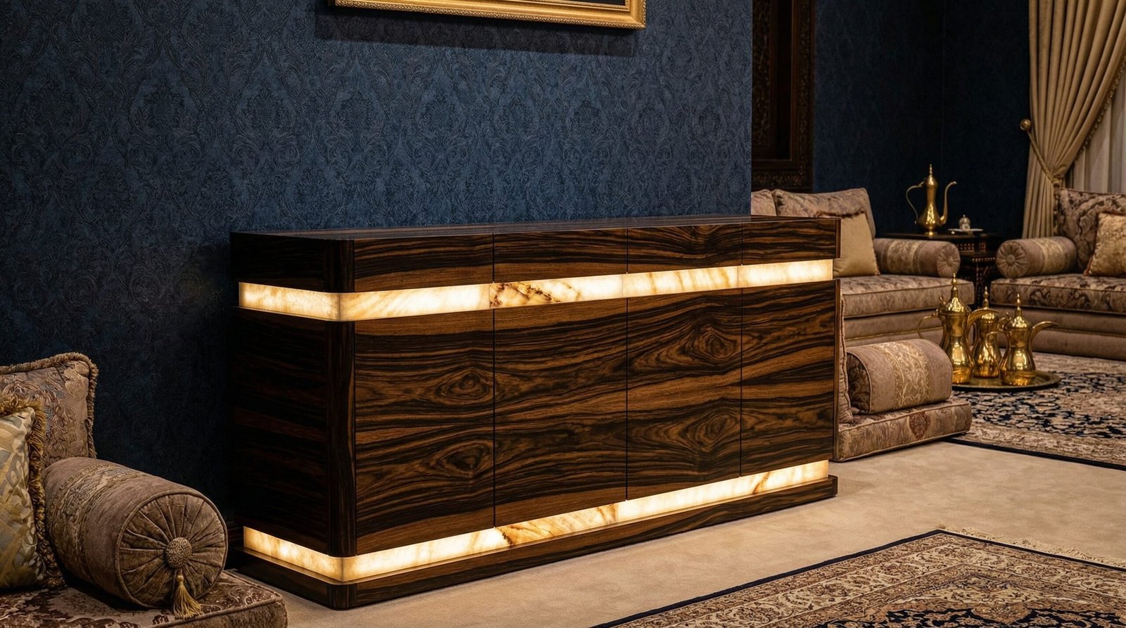 Statement ebony wood console table with integrated lighting in a luxurious UAE majlis.