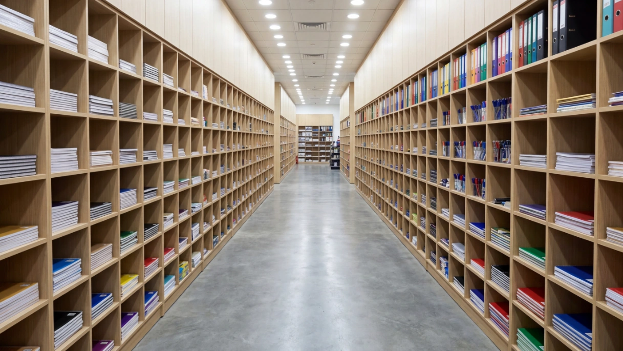 Efficient, continuous runs of fitted engineered wood shelving in a Sharjah stationery store.