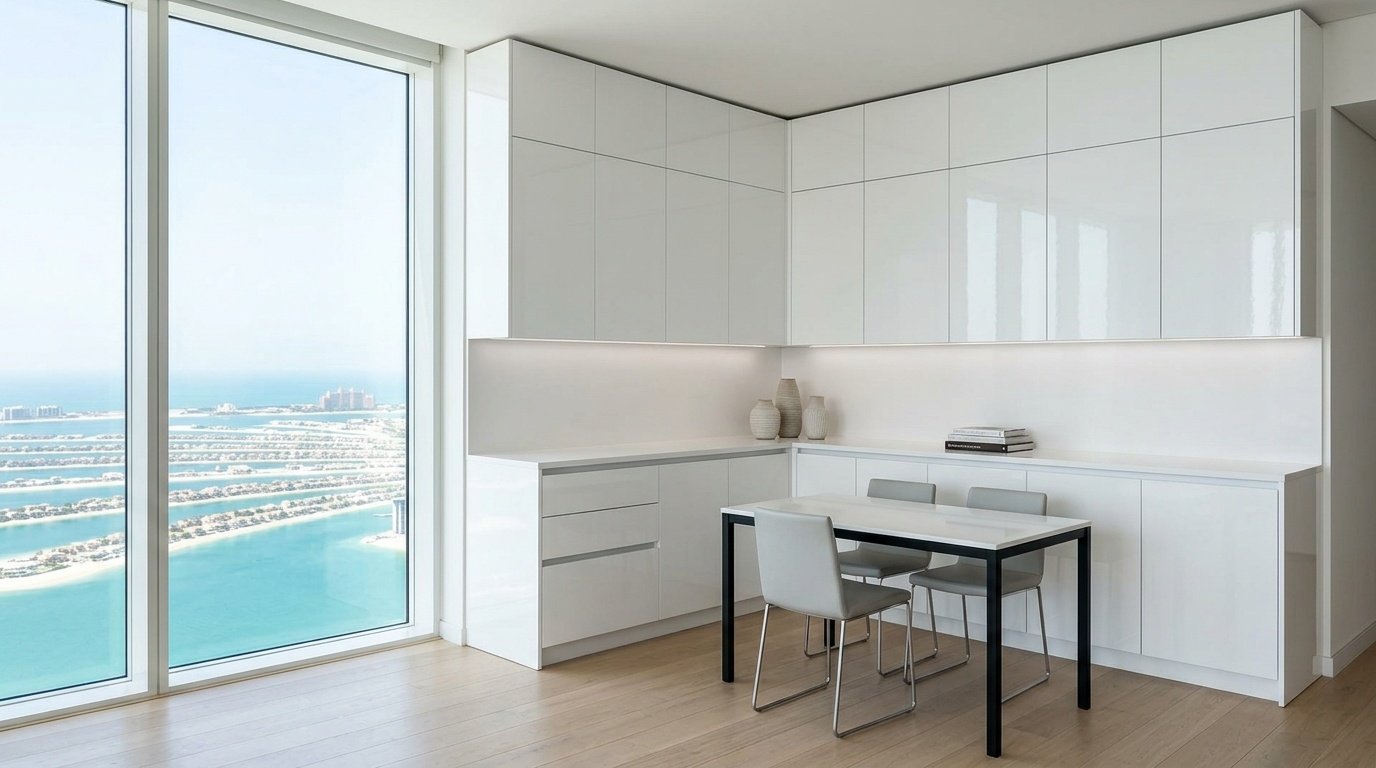 Efficient L Shaped Glossy White Built In Cabinet In A Palm Jumeirah Apartmen