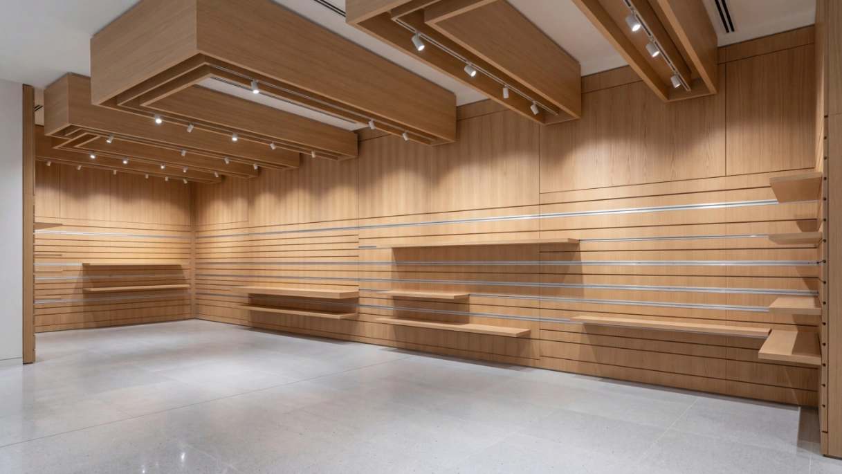 Interior of electronics flagship store in Mirdif City Centre featuring extensive custom oak slat-wall paneling.