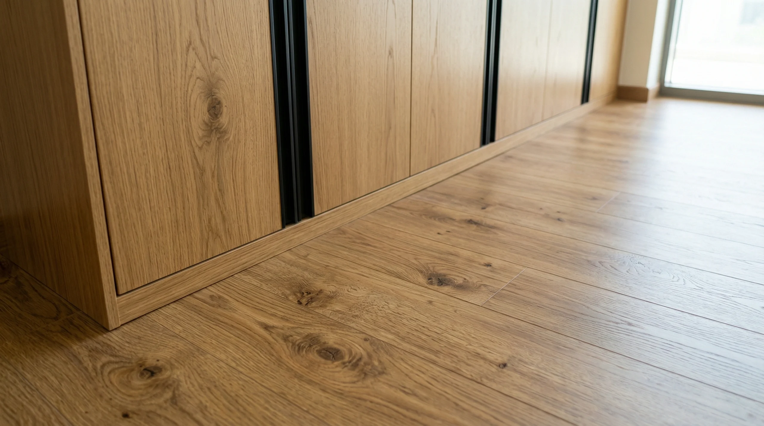 Honey-oak laminate flooring integrated with custom built-in wardrobes.
