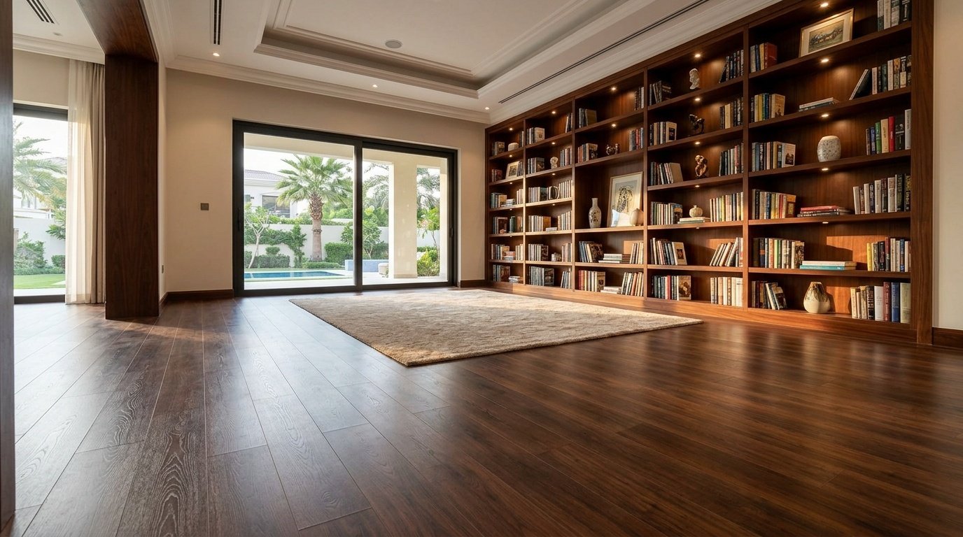 Dark mahogany wide-plank LVT flooring in an Emirates Hills villa.