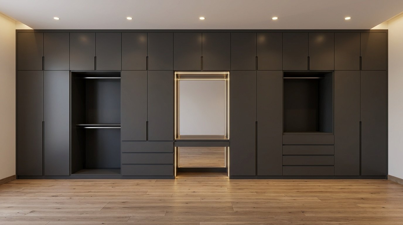Full-wall charcoal grey fitted wardrobe with integrated dressing mirror in an Emirates Hills villa master bedroom by Karnak Carpentry