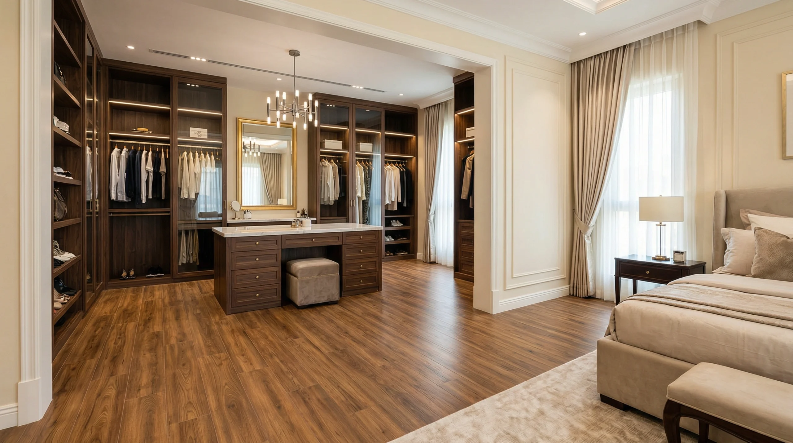 Rich teak-effect premium SPC flooring in an opulent Emirates Hills villa master suite and walk-in closet.