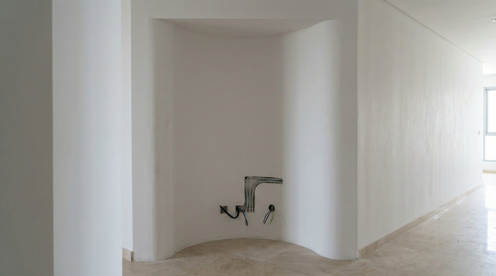 Empty curved wall niche ready for custom console table installation, UAE interior.