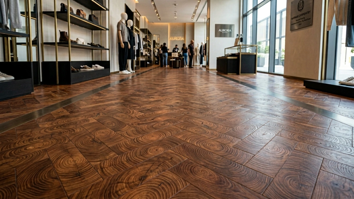 Unique end-grain mesquite wood block parquet flooring installed in a City Walk boutique retail space by Karnak Carpentry.