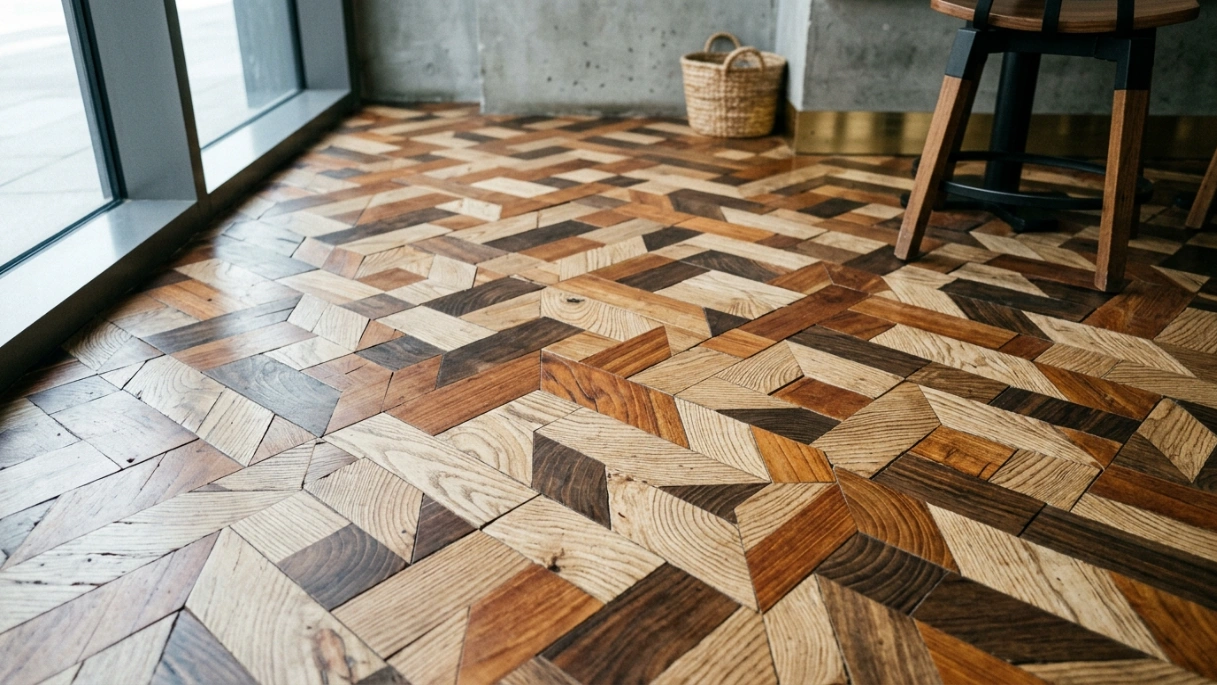Unique mixed-species end-grain mosaic parquet flooring installed in a Dubai Design District (d3) café by Karnak Carpentry.