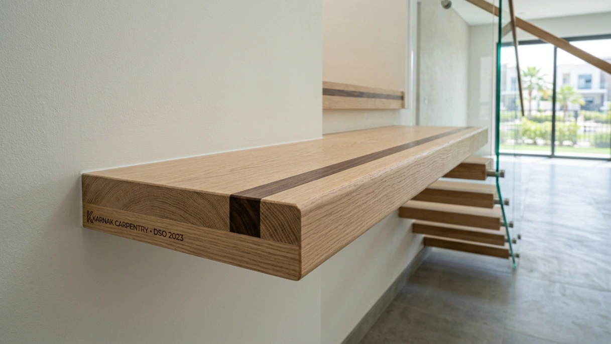 Custom engineered oak stair treads with contrasting walnut inlay strips installed on a floating staircase by Karnak Carpentry.