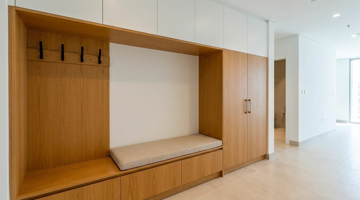 Custom fitted entryway shoe and coat storage in honey oak and white with bench seat in Dubai Sports City townhouse