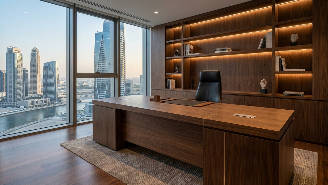 Dark walnut executive desk and matching built-in credenza unit in a Business Bay director's suite.