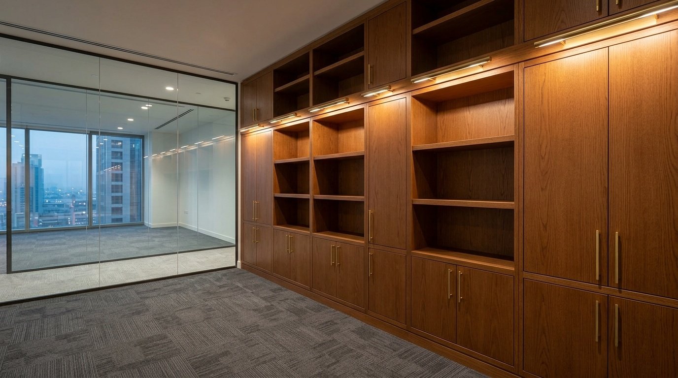 Bespoke cognac oak built-in bookcase and cabinet wall in a UAE executive suite fitted by Karnak Carpentry