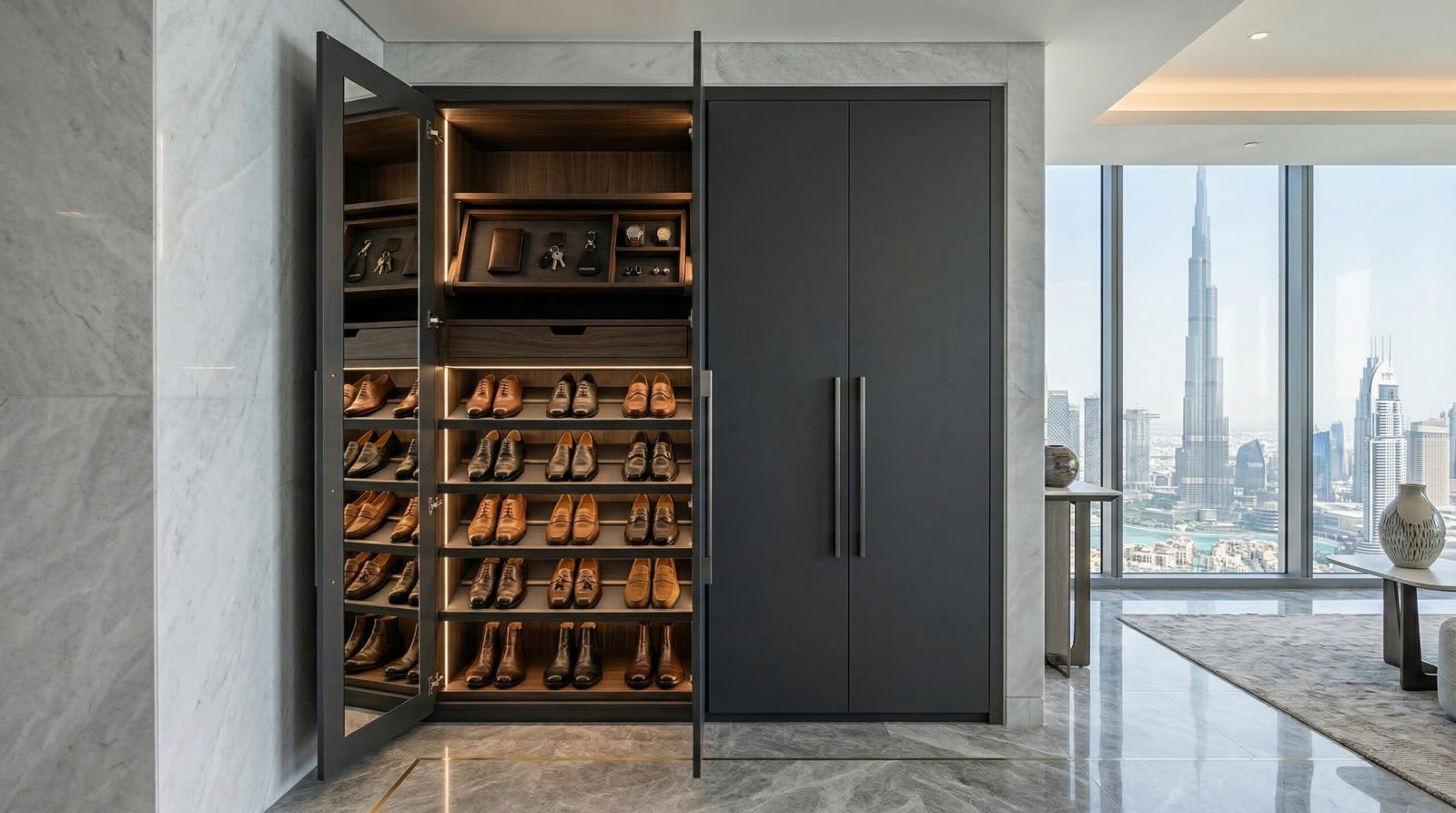 Fitted executive charcoal matte lacquer shoe cabinet with pull-out valet tray and interior mirror in Business Bay Dubai apartment