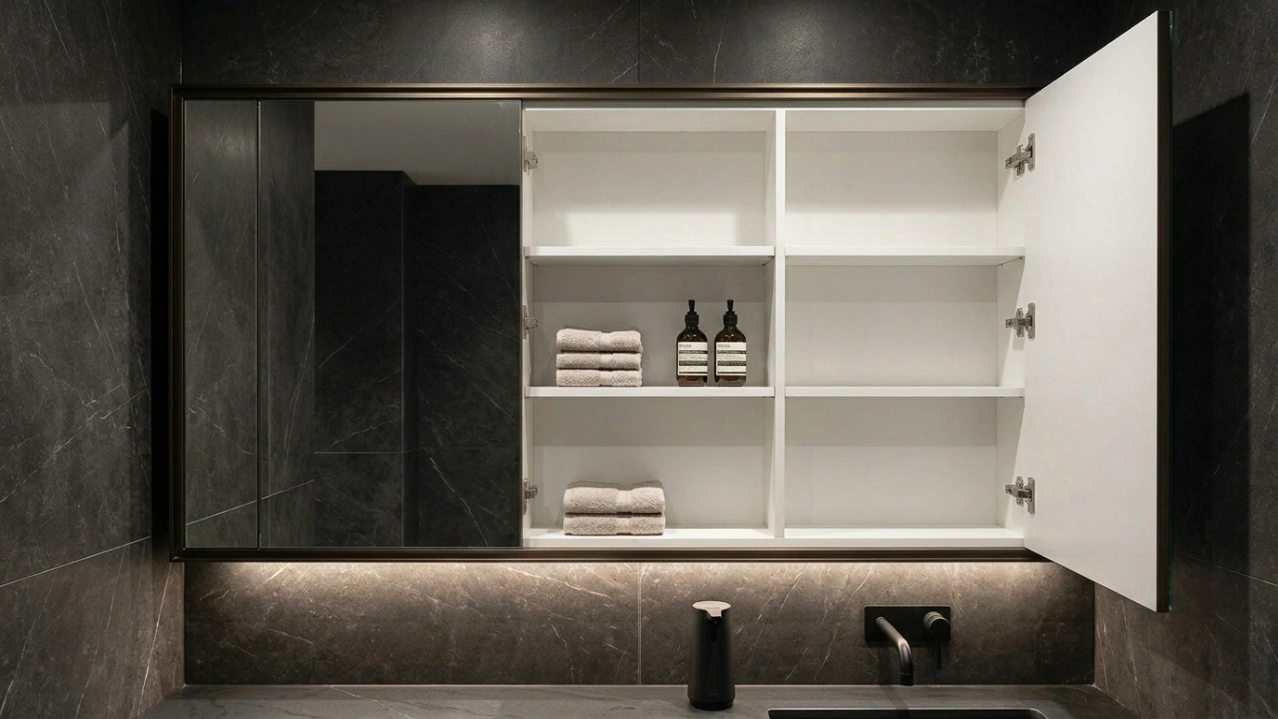 Dark bronze aluminium framed double-door mirror cabinet in DIFC Dubai office tower executive washroom with dark marble wall cladding