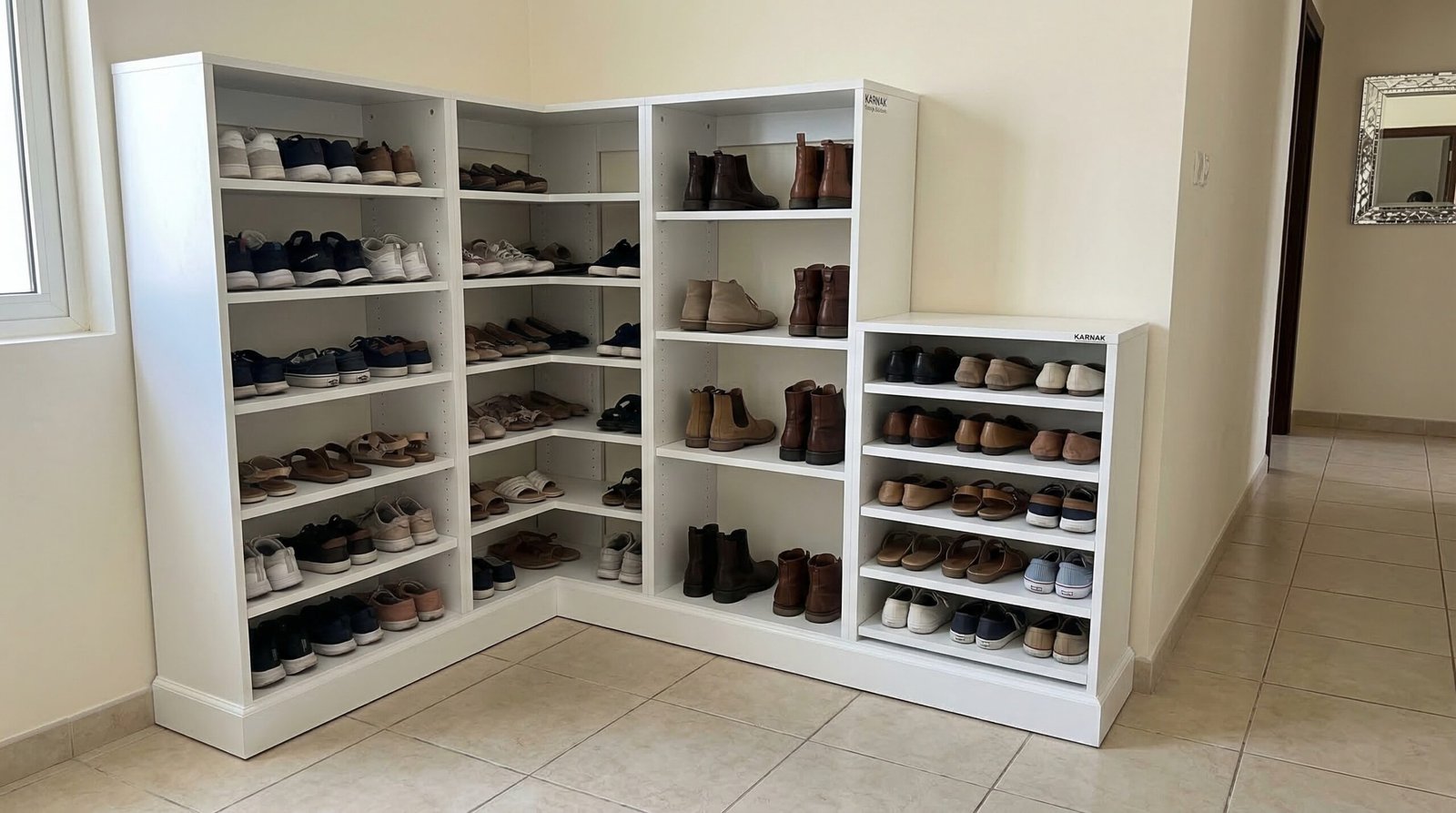 Expandable L-shaped modular white MDF shoe rack with adjustable shelves and boot section in Sharjah townhouse hallway