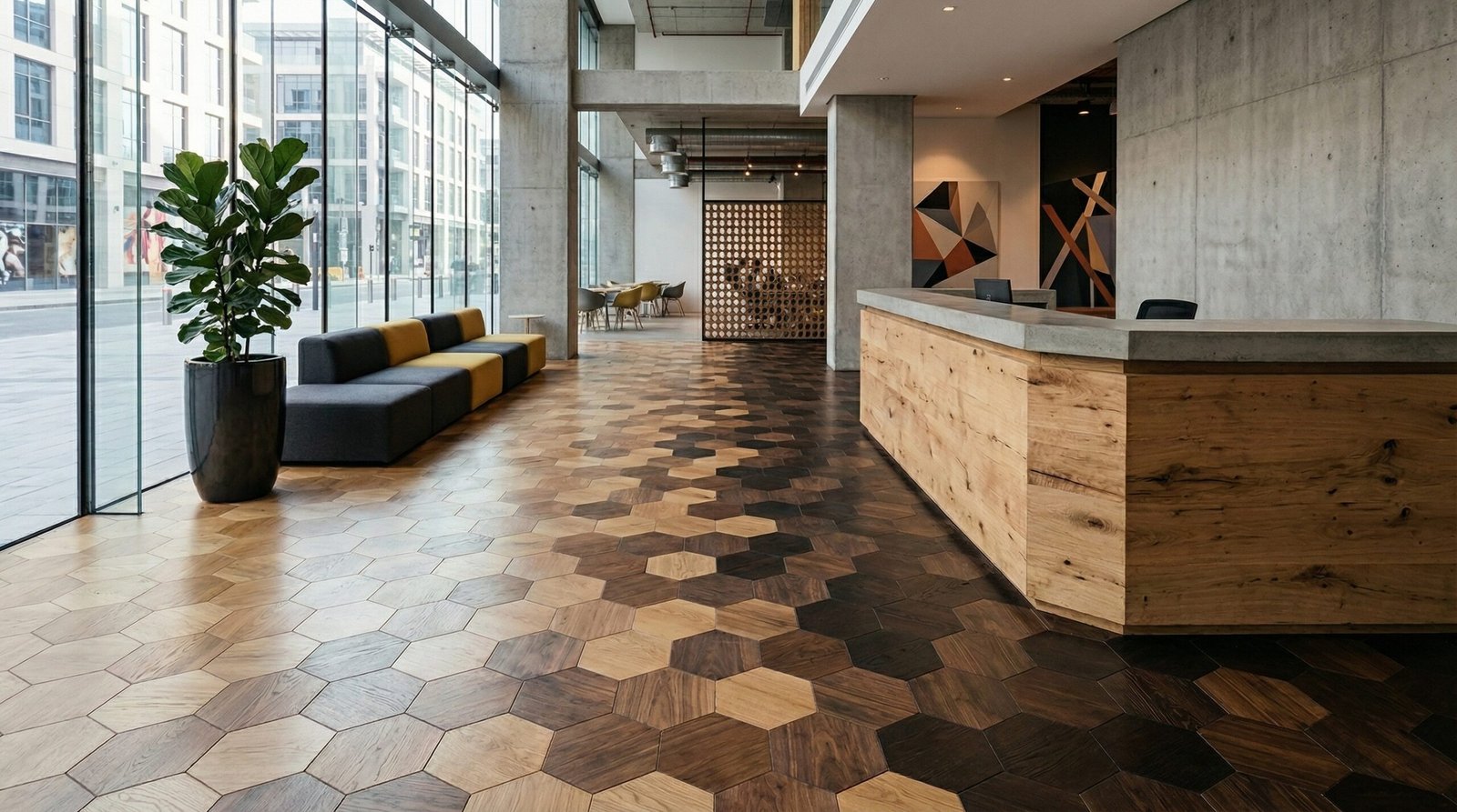 Experimental hexagonal mixed-stain parquet flooring in a creative agency foyer in Dubai Design District.