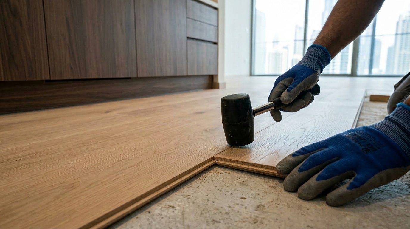Precise joinery showing gloved hands using a rubber mallet to install engineered wood planks in Dubai.