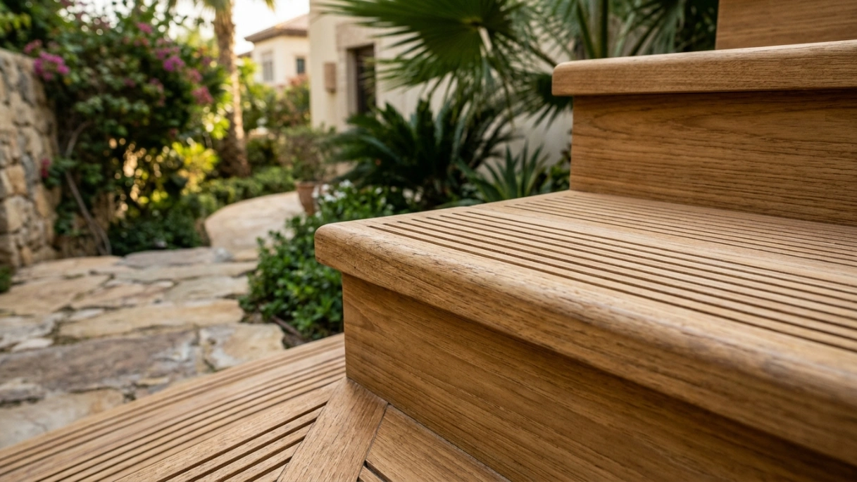 Exterior solid teak wood stair treads with machined anti-slip profile and riser cladding installed at a Jumeirah villa by Karnak Carpentry.