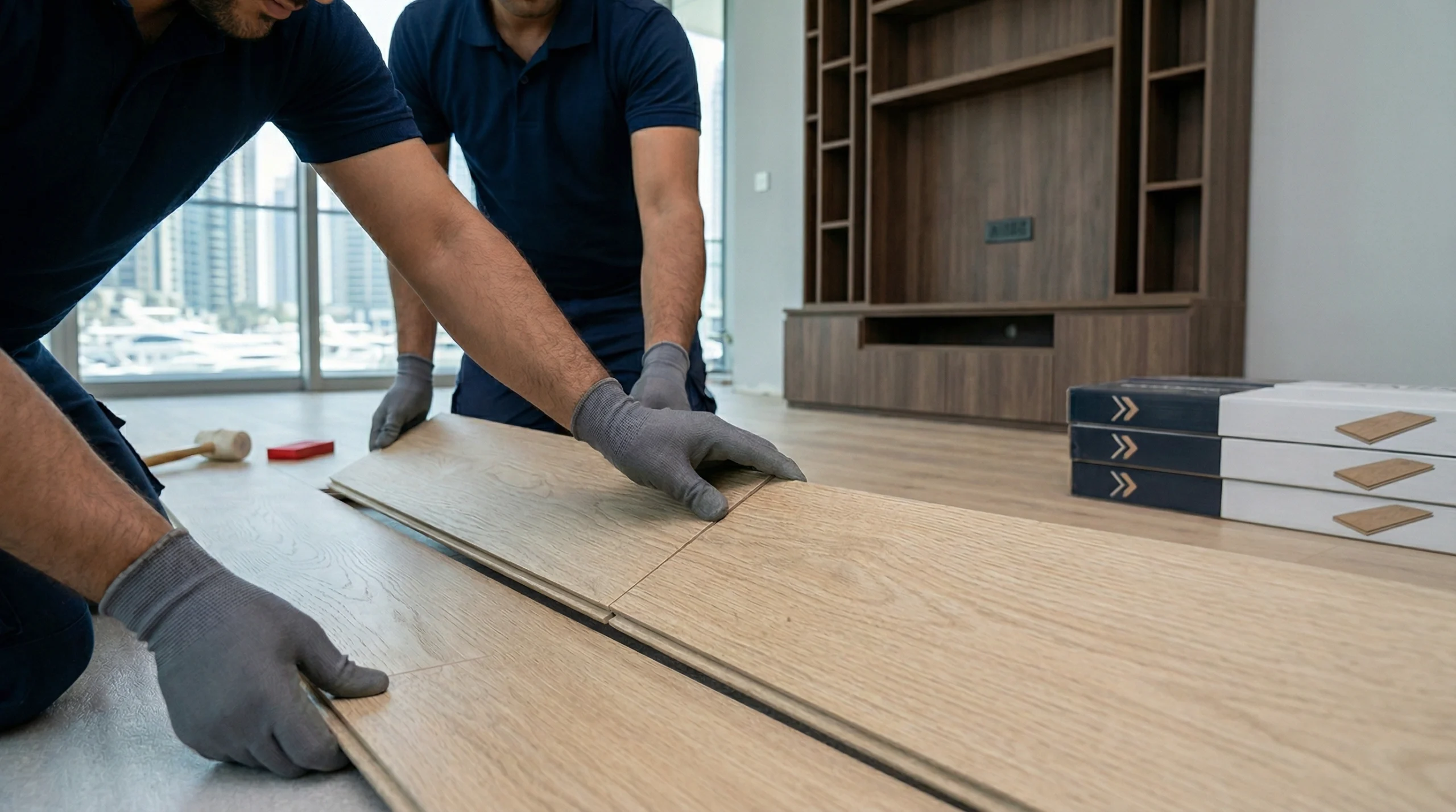 Hands achieving a precise click-lock connection during factory-certified SPC flooring installation by Karnak Carpentry.