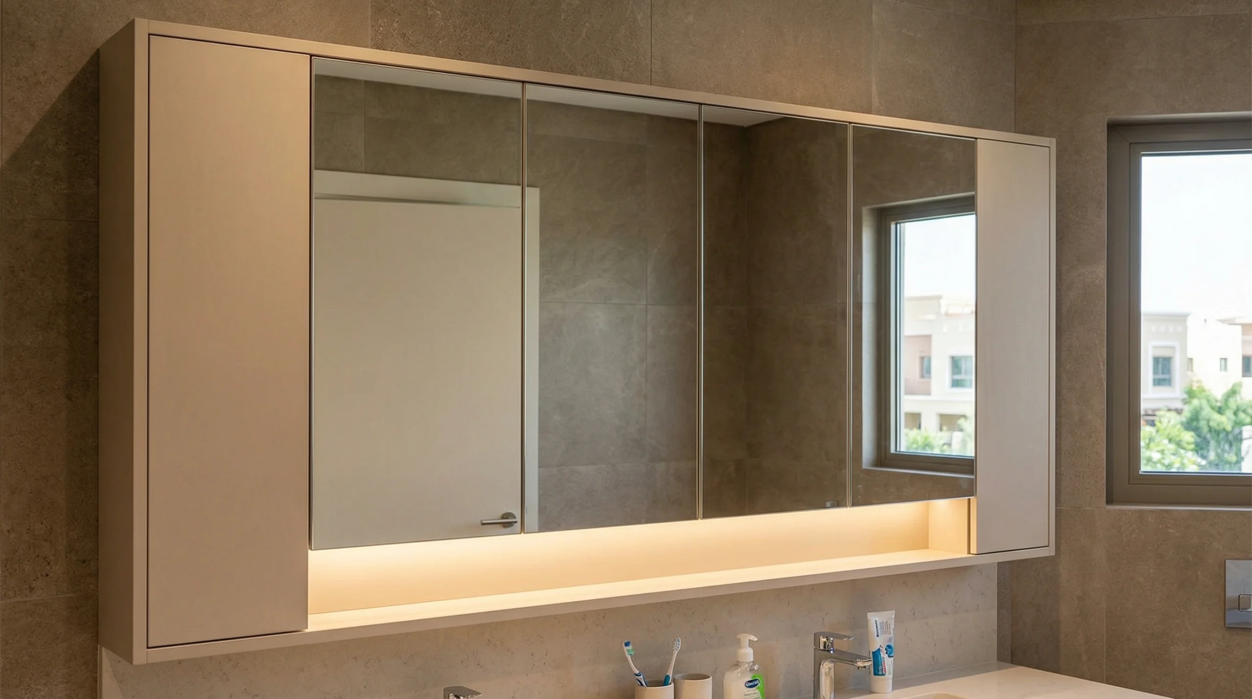 Practical family home mirror cabinet with matte beige laminate and under-cabinet LED lighting in Mirdif, Dubai.