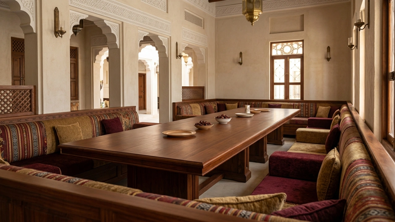 Large, traditional built-in dining Majlis with a fixed mahogany table in a Sharjah family villa.
