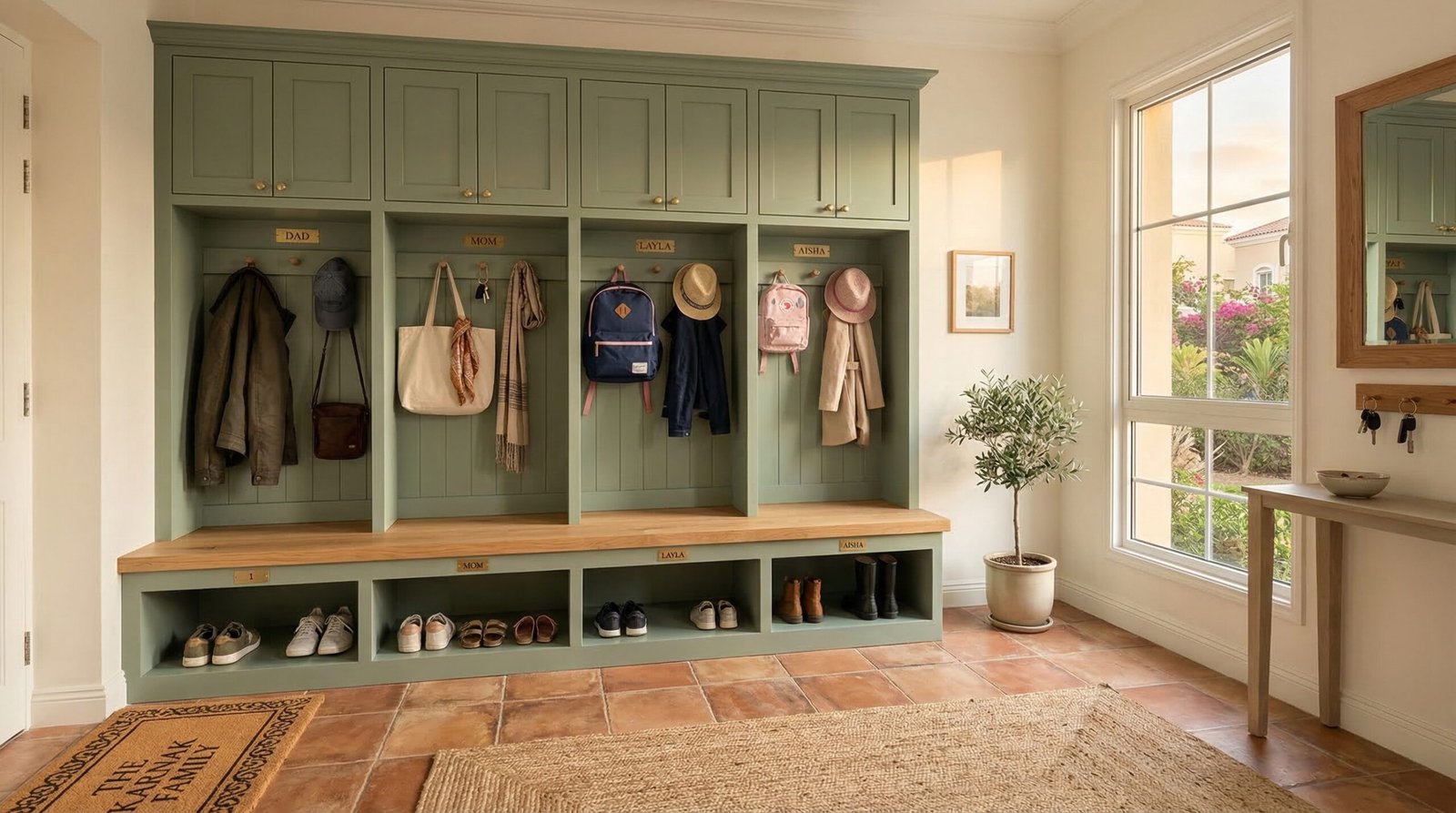 Fitted family mudroom with sage green shoe cubbies and peg rail per family member in Arabian Ranches Dubai villa