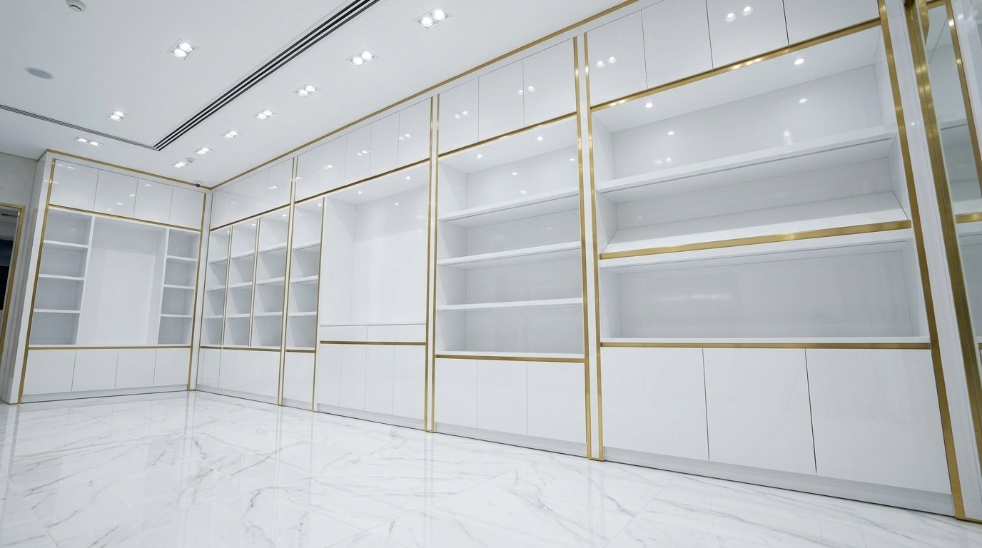 Fast-track installed full-wall gloss white display joinery system with gold trim in a UAE retail outlet by Karnak Carpentry