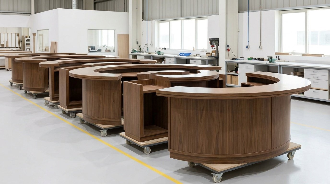 Finished, veneered modular sections of a circular bar ready for dispatch in a Dubai workshop.