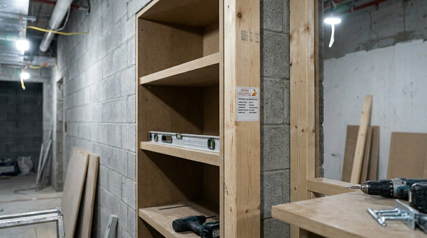 Installation of a fire-rated timber cabinetry unit for Dubai Municipality compliance by Karnak Carpentry.