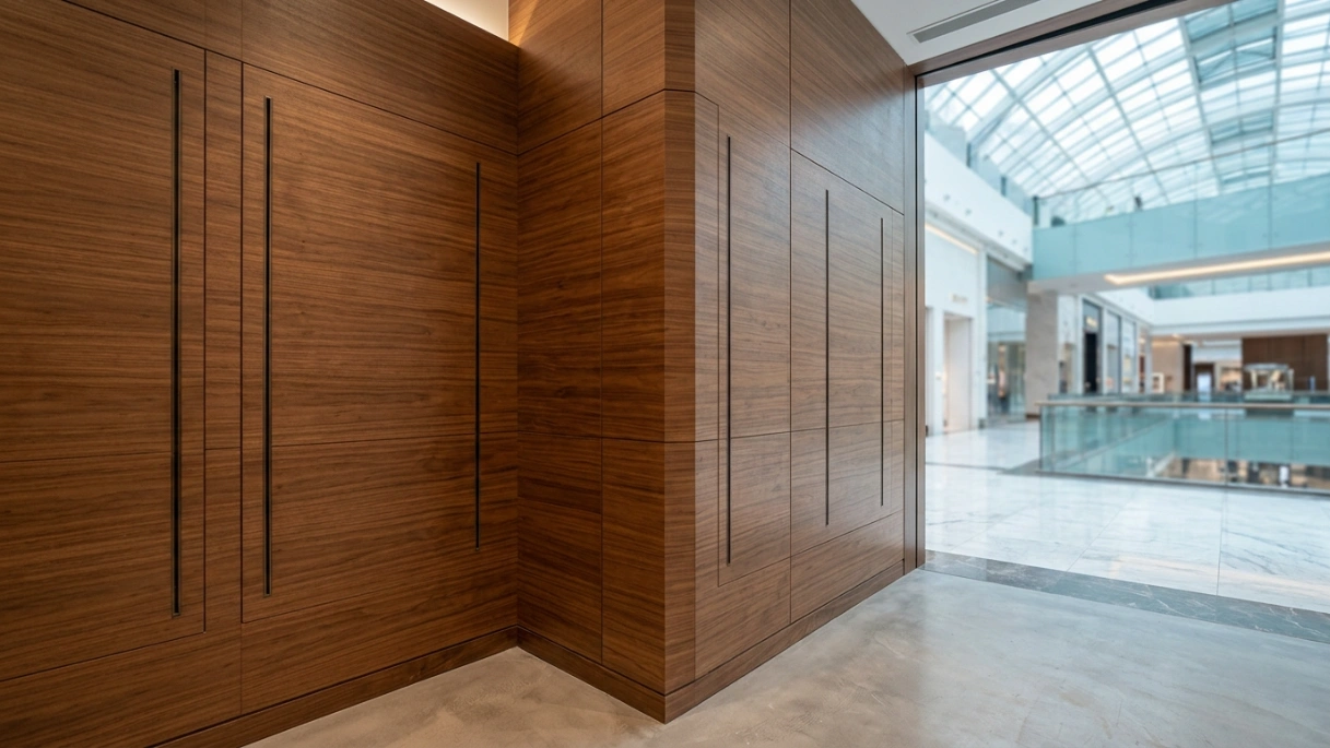 : Modern white high-gloss dining table with glass inlay, bespoke Karnak project in City Walk, Dubai.