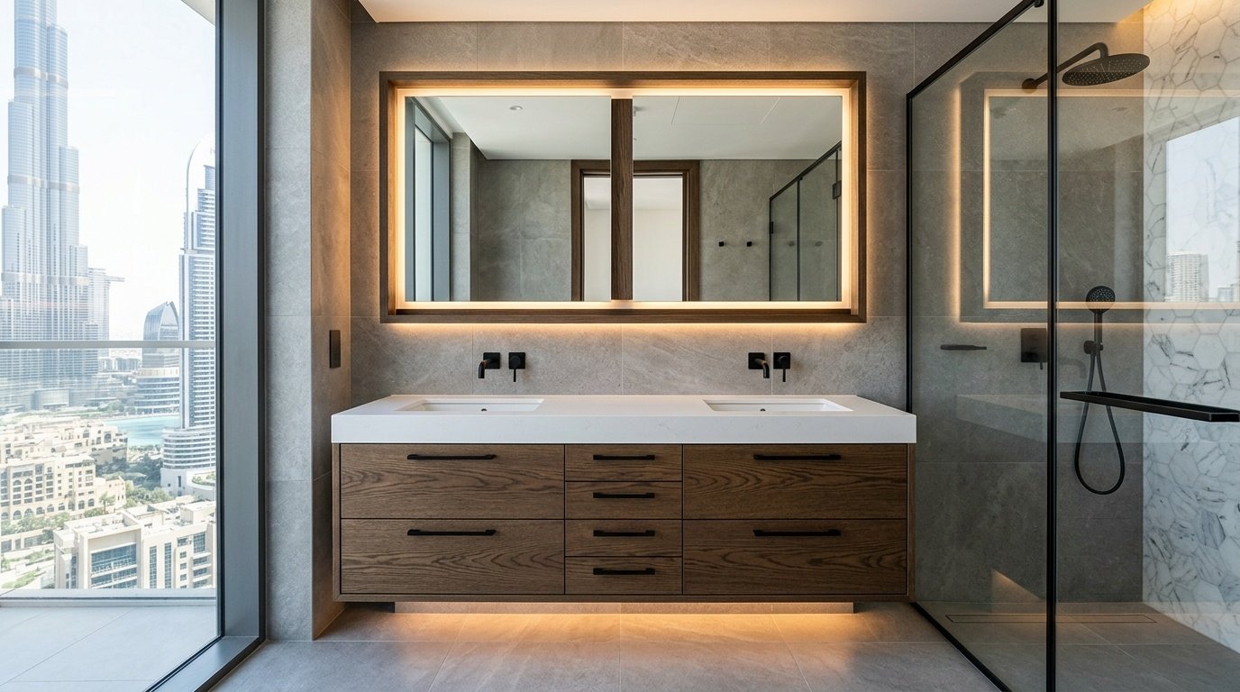 Custom fitted bathroom vanity in smoked oak veneer with double basin and LED mirror cabinet in Dubai apartment