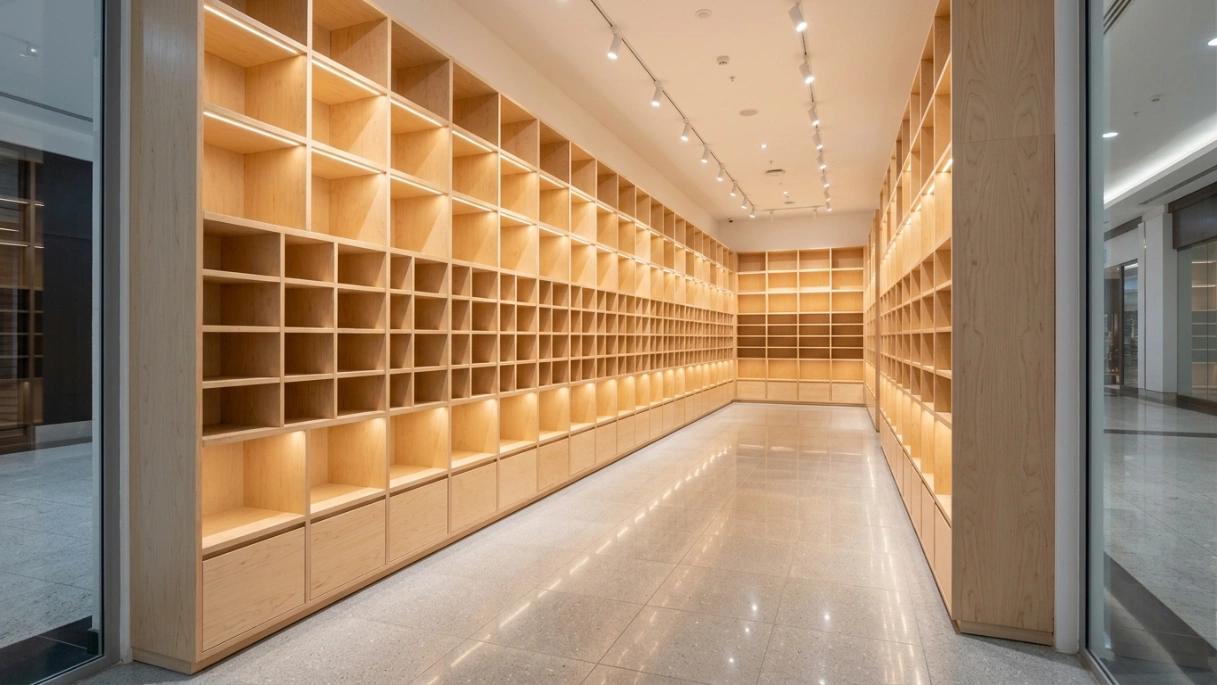 Fitted birch wood grid-like shelving system for a stationery concept store in a UAE mall.