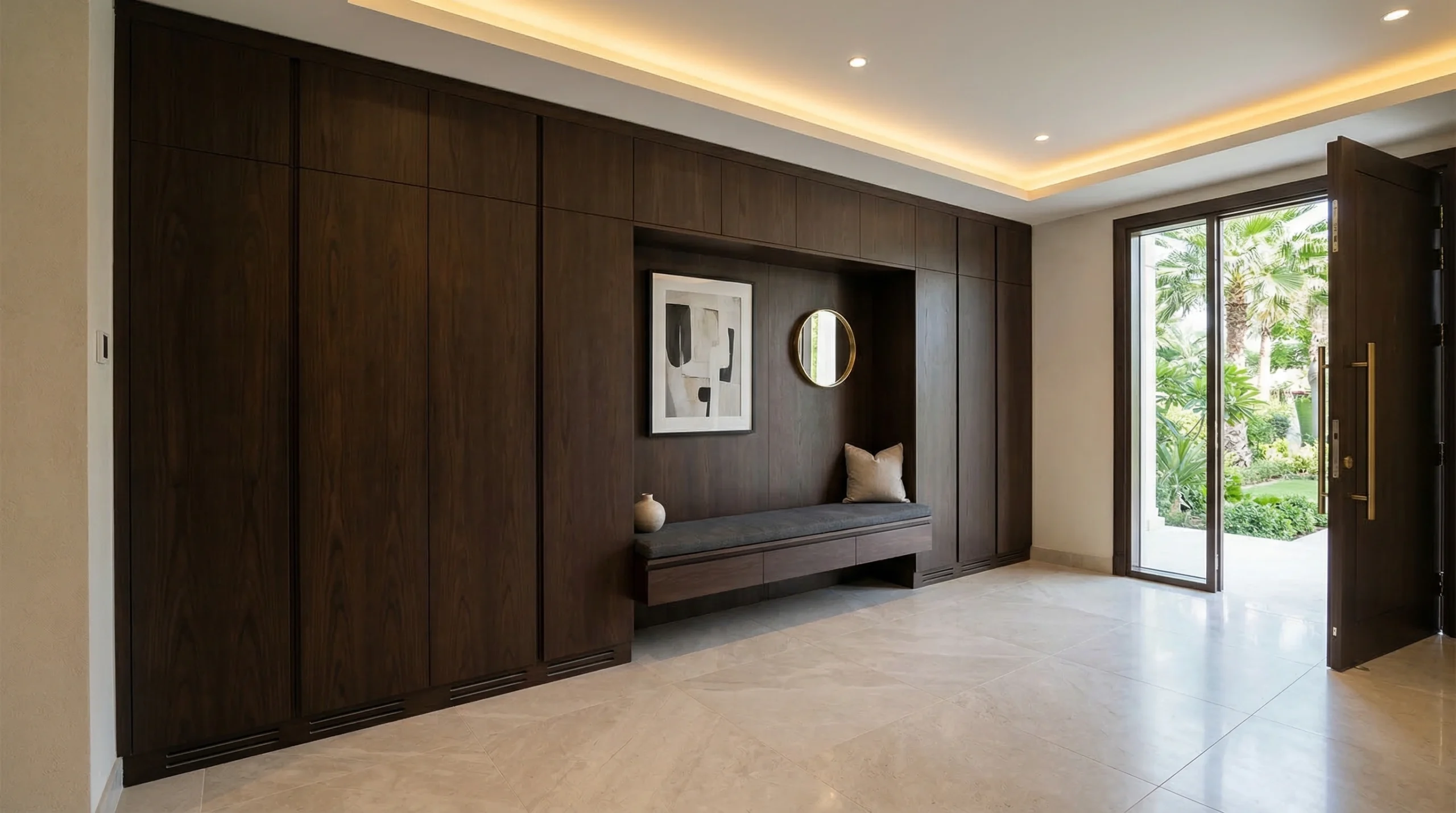 Fitted floor-to-ceiling espresso wood veneer shoe cabinet with integrated bench and LED cove lighting in Jumeirah Dubai villa entrance hallway