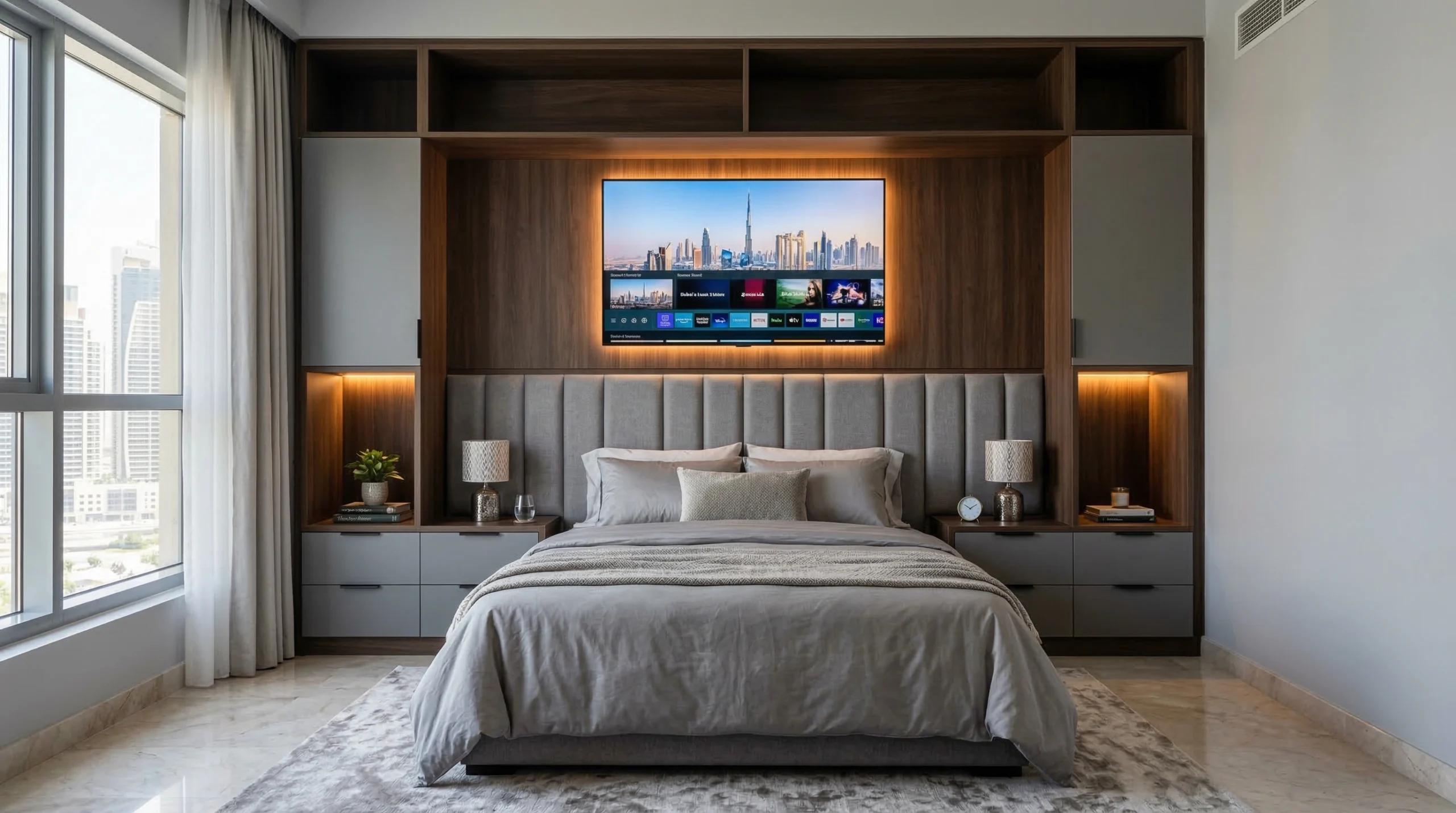 Custom fitted headboard wall with symmetrical bedside cabinets and TV panel in Dubai Sports City apartment bedroom by Karnak Carpentry