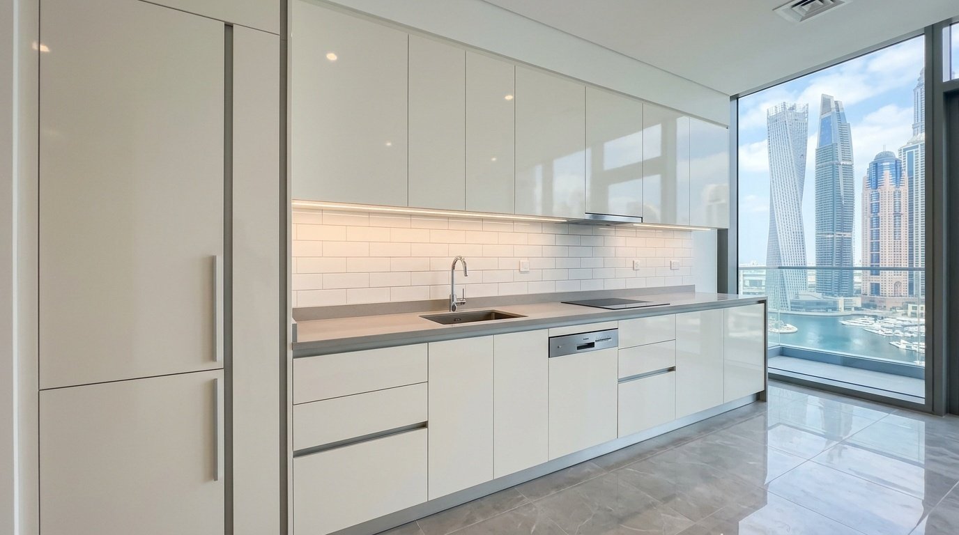 Custom handleless gloss off-white fitted kitchen cabinetry with LED lighting in Dubai Marina apartment
