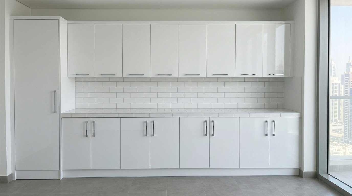 Custom fitted laundry room joinery in gloss white with chrome handles in Reem Island Abu Dhabi apartment