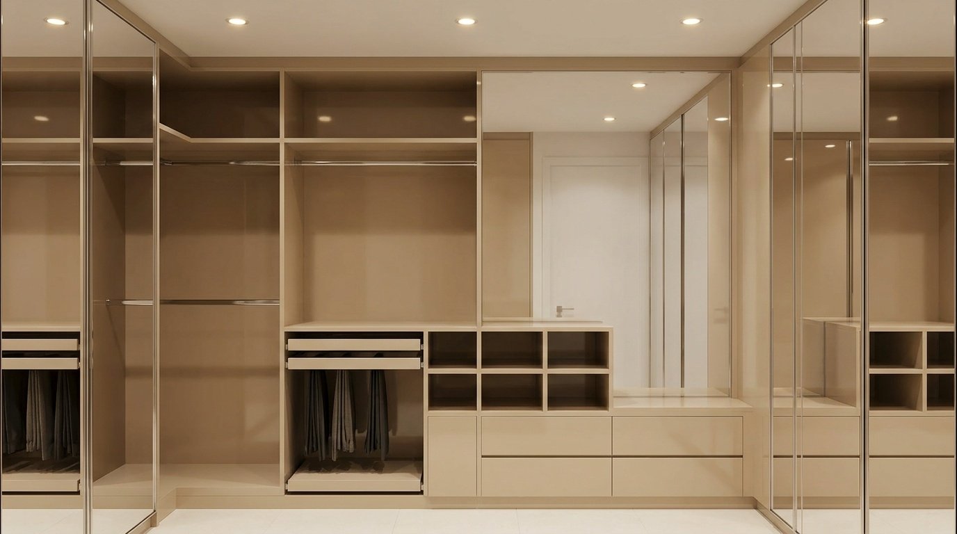 Custom fitted walk-in dressing area in champagne lacquer with mirror panels in Emaar Dubai beachfront apartment