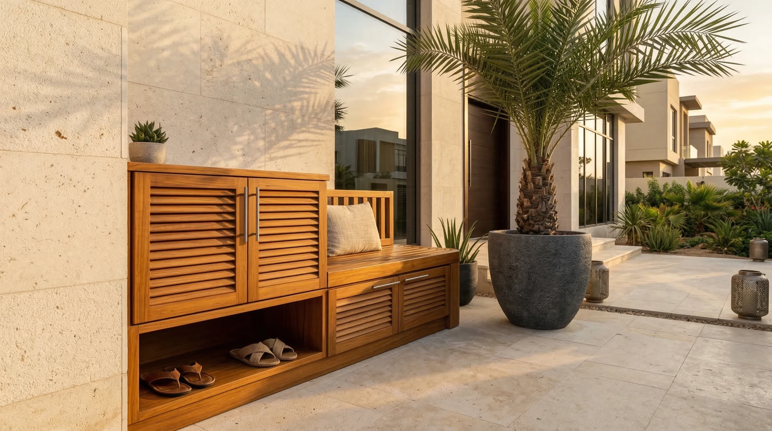 Fitted outdoor teak shoe storage bench with louvred ventilation doors at Al Barsha Dubai villa entrance