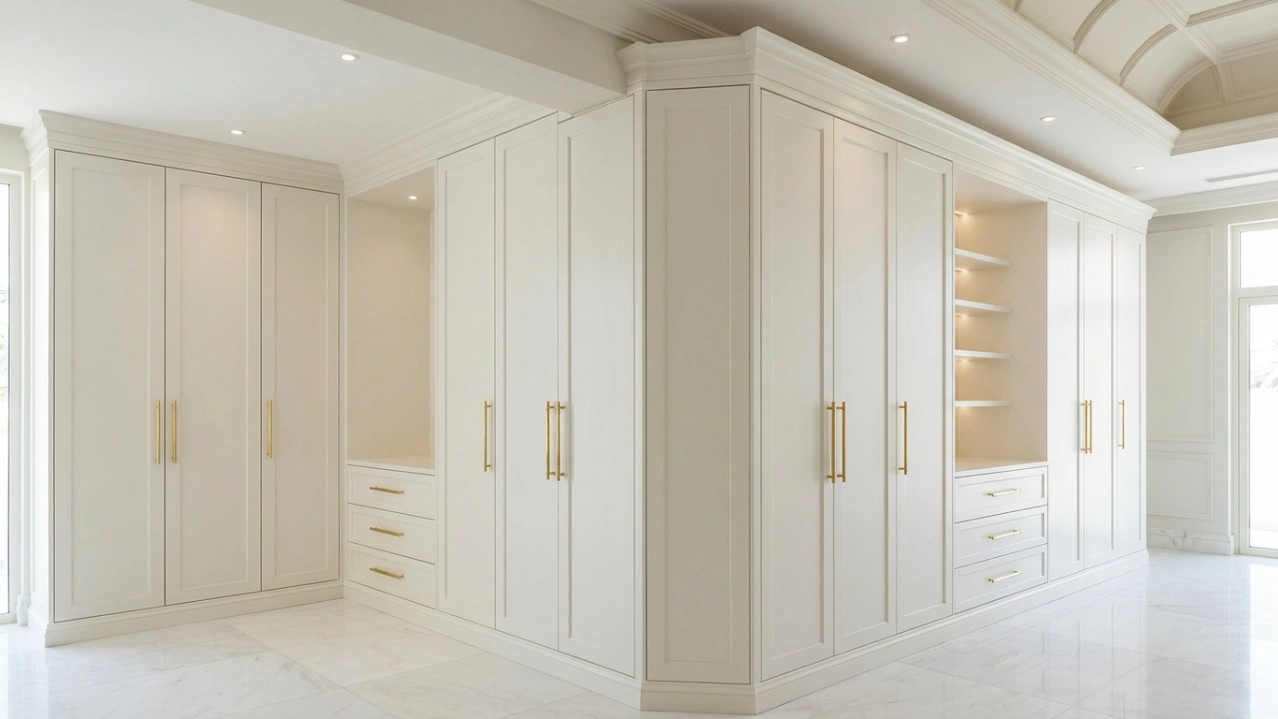 Elegant off-white lacquered fitted wardrobes meticulously fitted around a structural beam in an Emirates Hills bedroom.